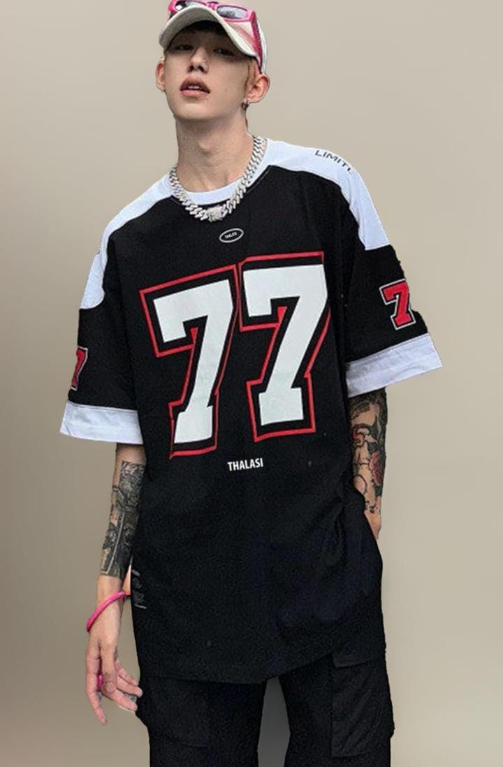 THALASI Men’s Cotton Jersey Oversized T-Shirt | Sports Style, Half Sleeve Round Neck, Baggy Korean Fit