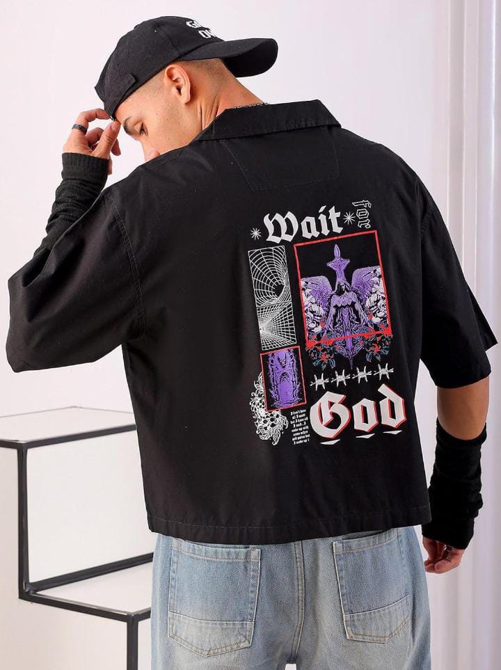 The Indian Garage Co Men’s Cotton Boxy Fit Graphic Print Half Sleeve Cuban Collar Cropped Streetwear Shirt